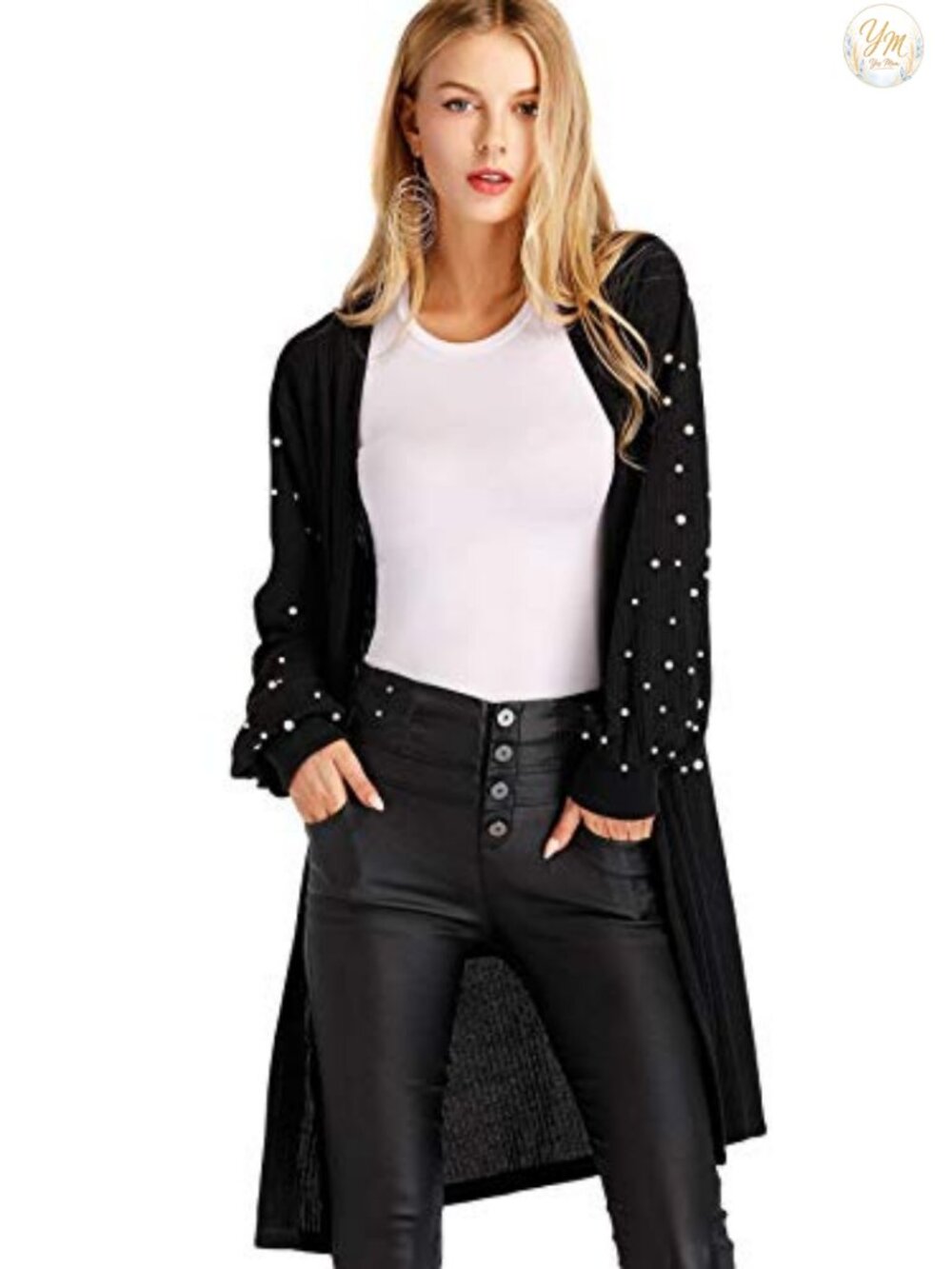 Open Front Pearl Beading Lantern Sleeve Long Cardigan Sweater